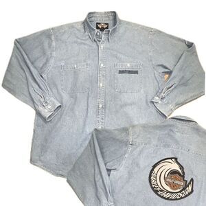 Vintage‎ Men's XXL Harley Davidson denim button up bikercore patch embroidery